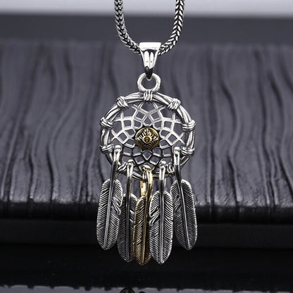 Sterling Silver Feather Dreamcatcher Pendant Necklace