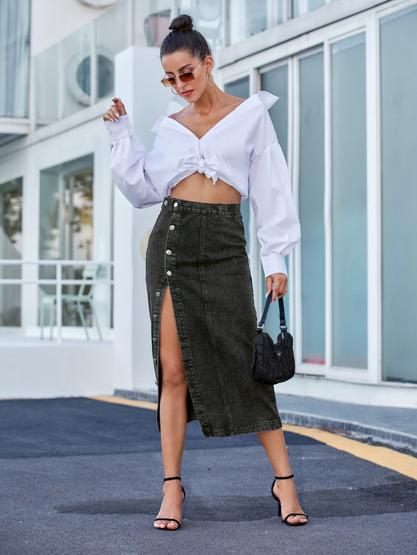 Women's High Waist Denim Midi Skirt Button Front Slit Bodycon Skirt