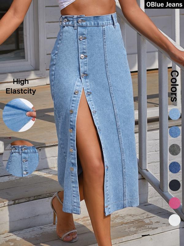 Women's High Waist Denim Midi Skirt Button Front Slit Bodycon Skirt