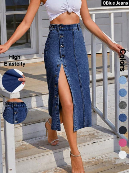 Women's High Waist Denim Midi Skirt Button Front Slit Bodycon Skirt
