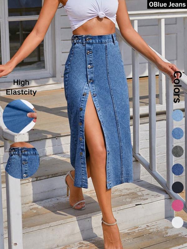 Women's High Waist Denim Midi Skirt Button Front Slit Bodycon Skirt