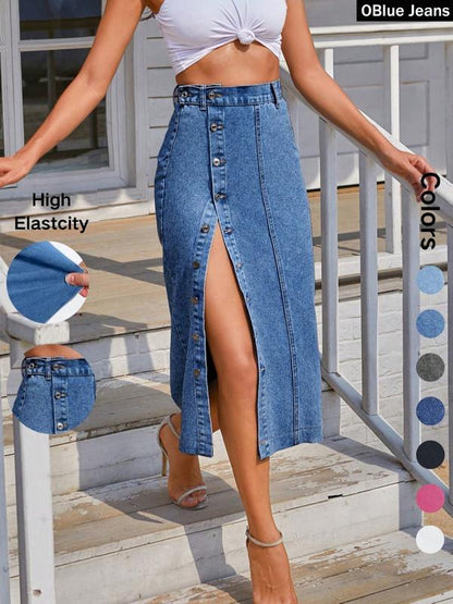 Women's High Waist Denim Midi Skirt Button Front Slit Bodycon Skirt