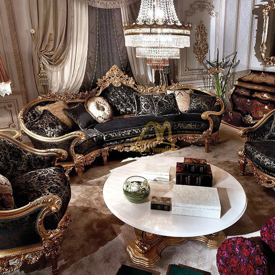 Black leather sofa with gold trim