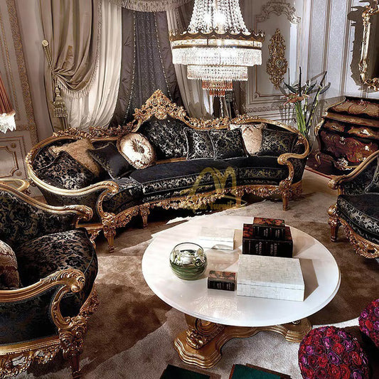 Black leather sofa with gold trim