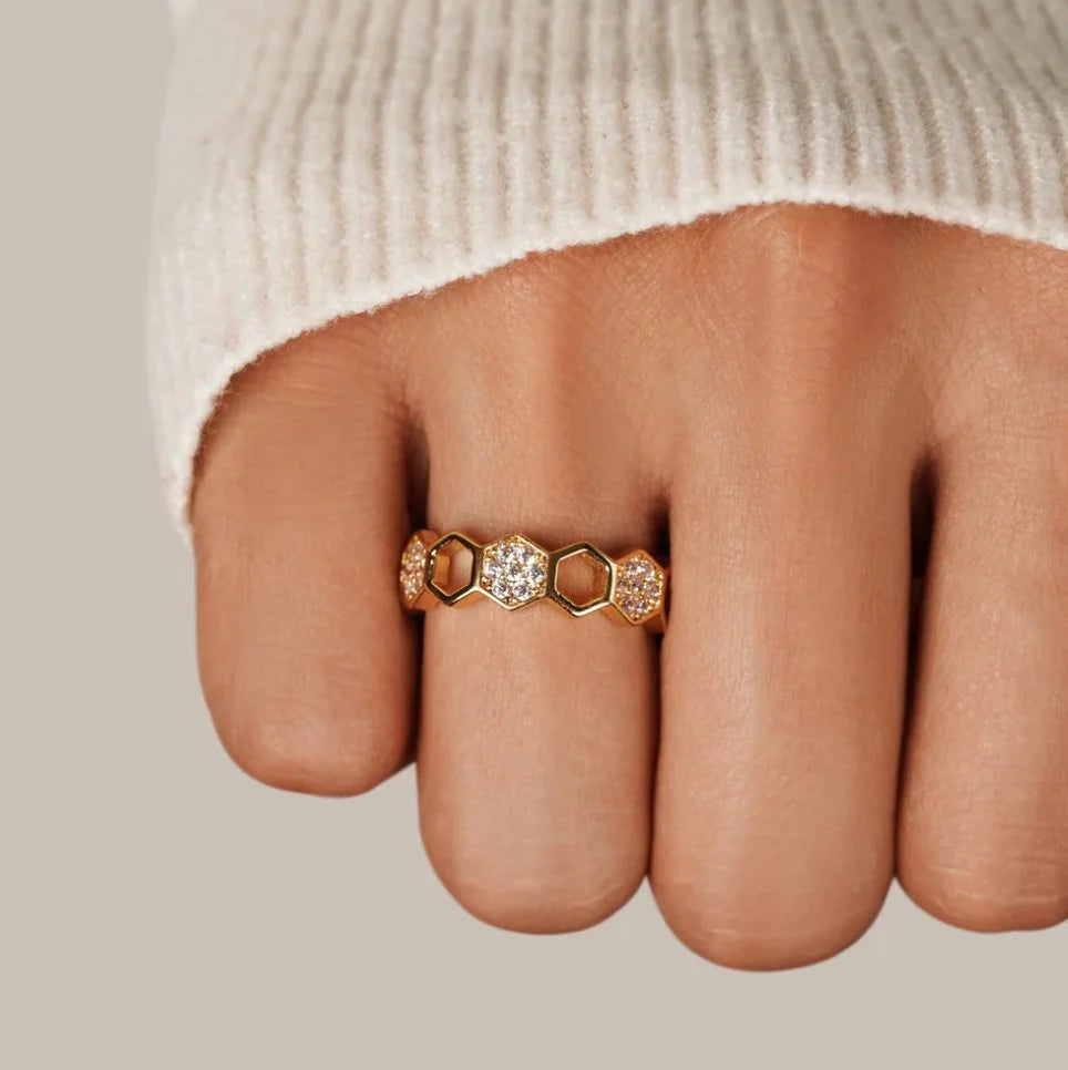 Gold & Crystal Honeycomb Ring