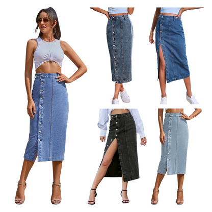Women's High Waist Denim Midi Skirt Button Front Slit Bodycon Skirt